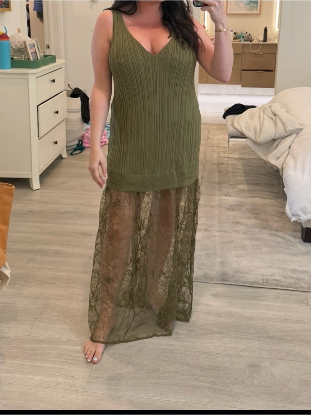 Zara Olive Green Sheer Lace Dress NWT
